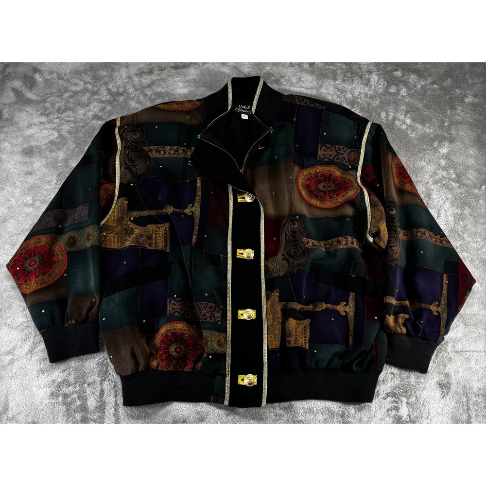 Vintage Vital‎ Elements Patchwork Bomber Jacket Womens L Multicolor Baroque Stud